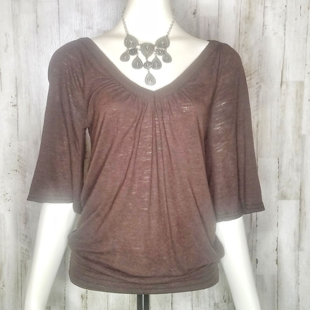 Mudd | Banded Ruched Hem V-Neck Sheer Blouse